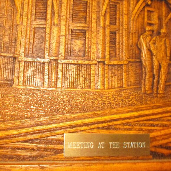 Vintage "Meeting at the Station" wood carving by Kim Murray shown in carved deta - Picture 2 of 8